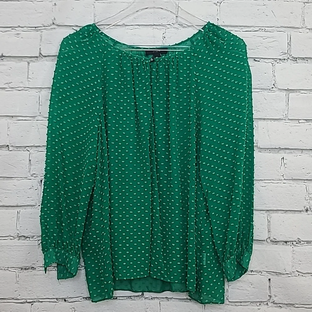 J Crew Flowy Sheer Silk Chiffon Long Sleeve Dot Blouse in Green - Picture 7 of 17